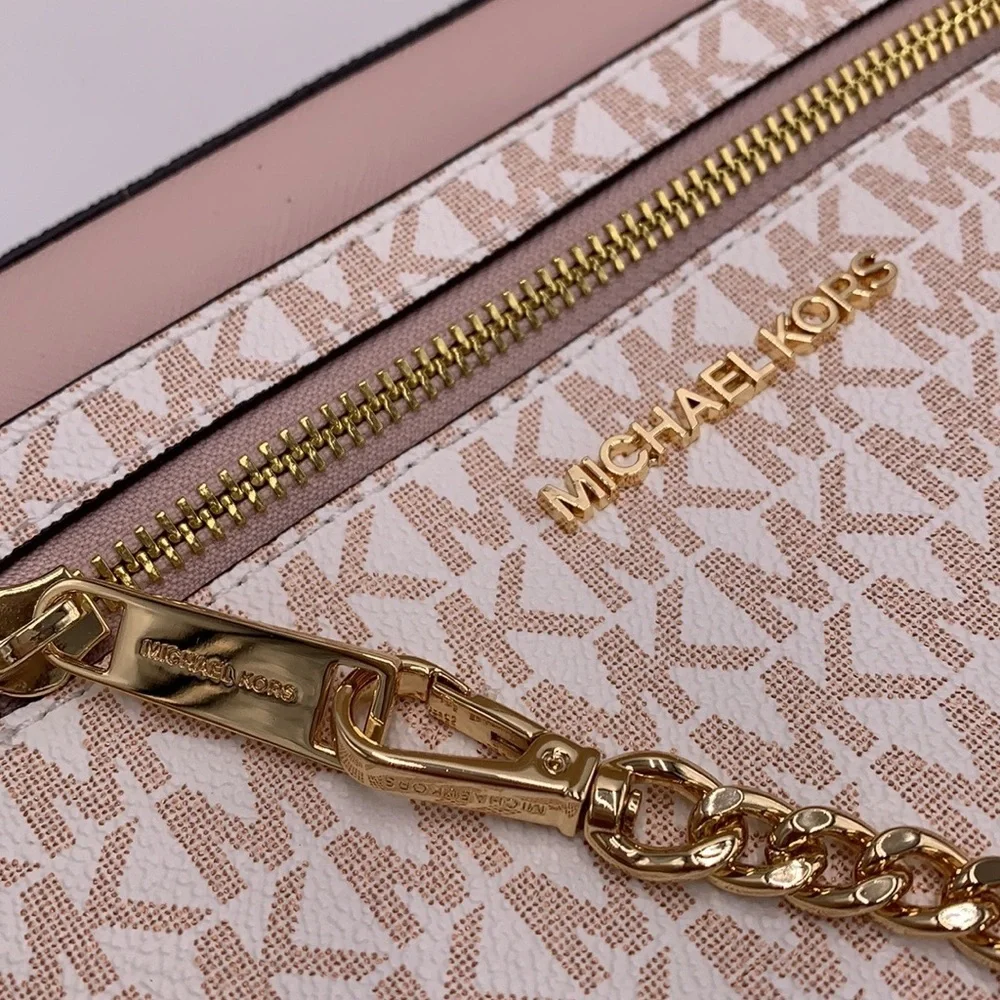 MICHAEL KORS LARGE EAST WEST ZIP CHAIN XBODY OPTIC WHITE ROSE GOLD COLOR